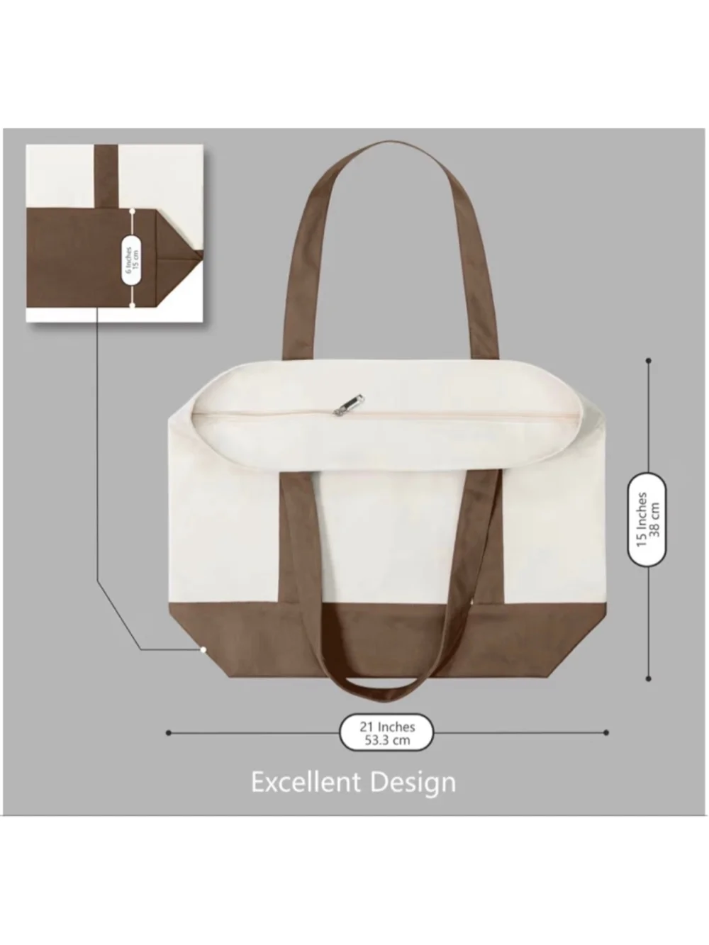 Women's Beige and Brown Canvas Tote Bag, One Size - Picture 2 of 9